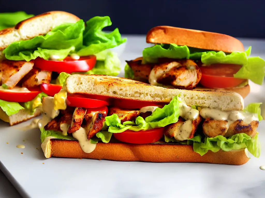 A picture of the Grilled Chicken Almighty sandwich from McDonald's New Zealand, served on a toasted ciabatta bun and topped with lettuce, tomato, red onion, and a zesty garlic aioli sauce, with a grilled chicken fillet seasoned with a blend of spices and the option to upgrade the sandwich with an add-on of smashed avocado.