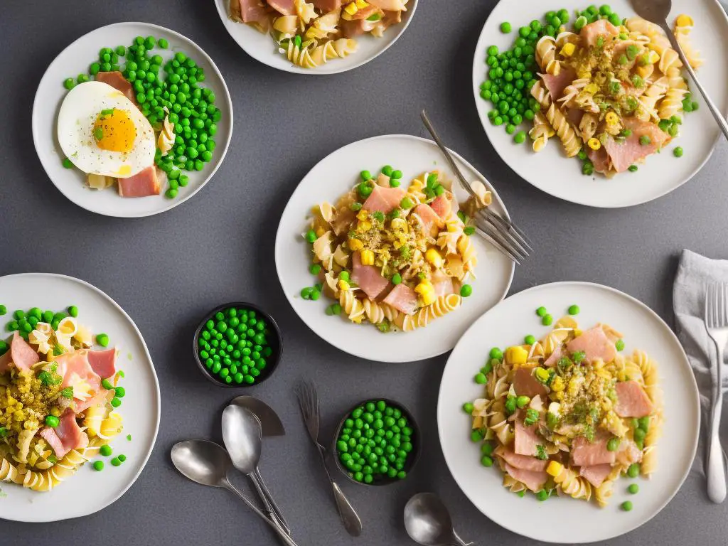 A plate of McDonald's Hong Kong Ham N' Egg Twisty Pasta with spiral pasta, ham, scrambled eggs, green peas, and corn kernels in a broth.