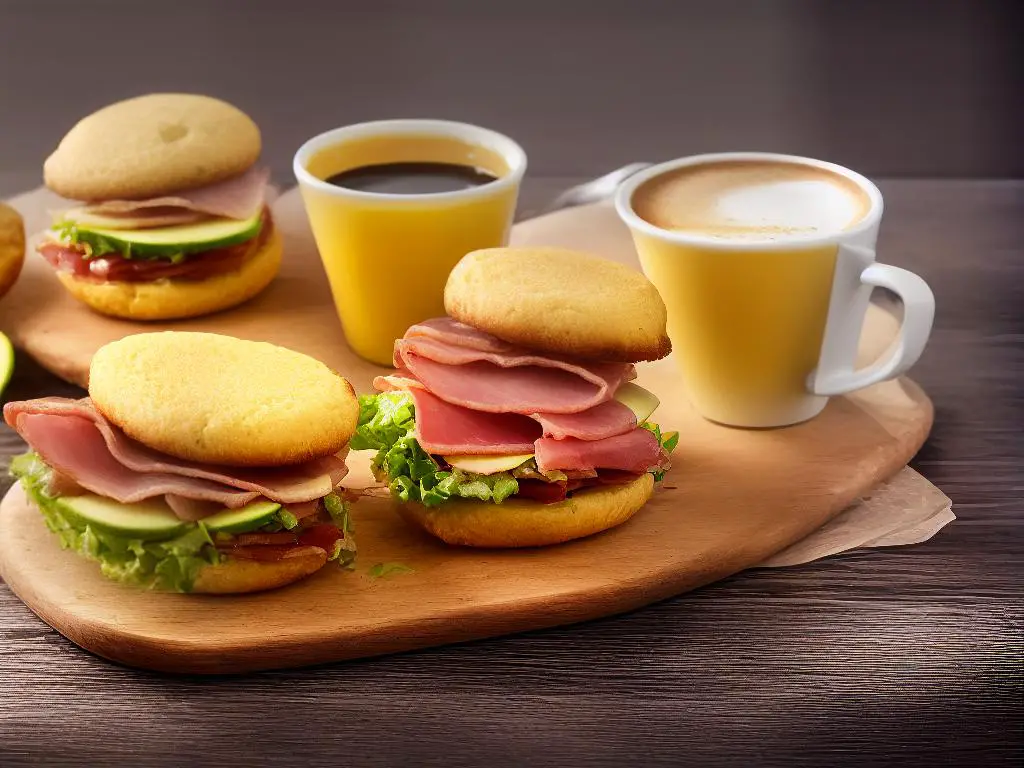 A picture of a Honduran McMuffin with Ham sandwich on a wooden board with a cup of coffee in the background