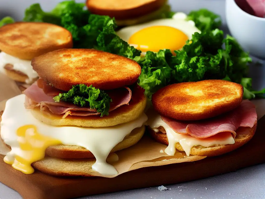 A close-up of a Honduran McMuffin with Ham with refried beans, locally sourced ham, cheese, and eggs, all sandwiched between a freshly toasted English muffin.