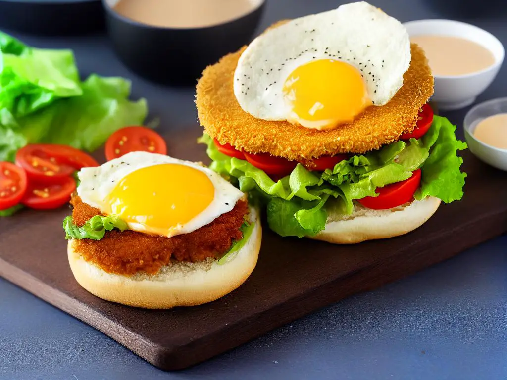 A close-up image of a Hong Kong Chicken & Egg Burger with a breaded chicken patty, a fried egg, lettuce, tomato, and a special sauce, all placed within a sesame seed bun.