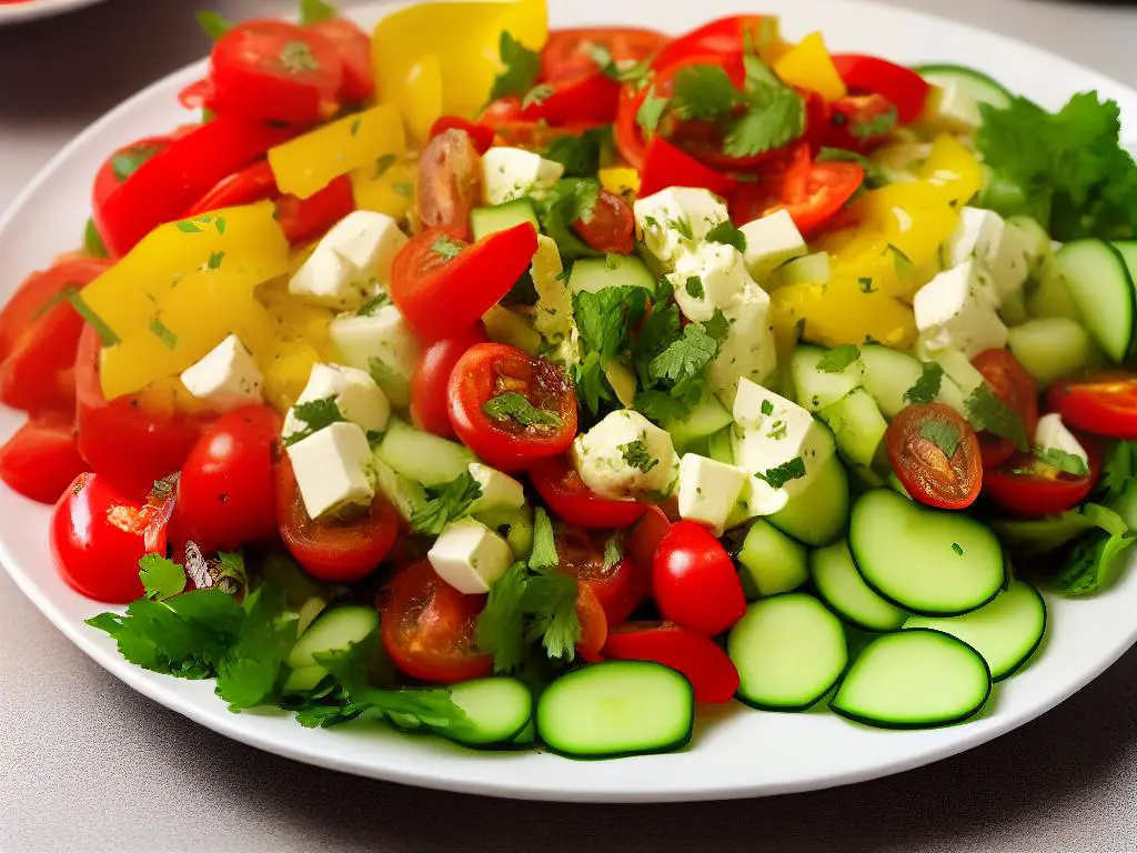 A picture of a fresh and colourful Israeli Salad with cucumbers, tomatoes, bell peppers, and onions, topped with parsley, mint, and a lemon-olive oil dressing offered at McDonald's in Israel.