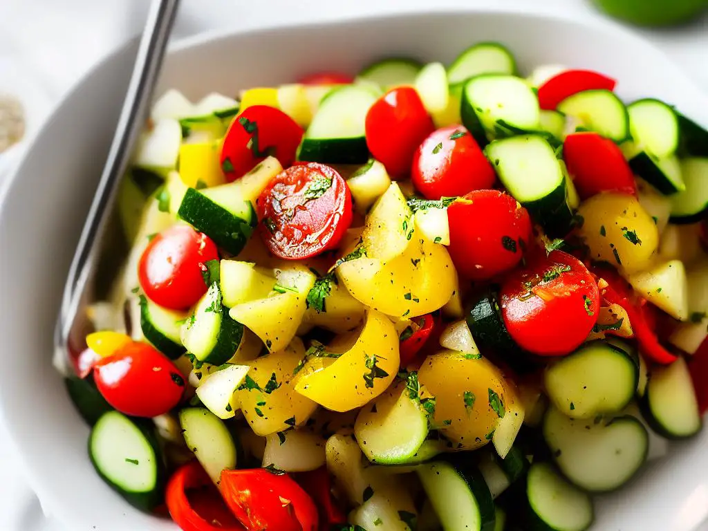 The Israeli salad is a refreshing dish consisting of finely diced tomatoes, cucumbers, onions, and peppers, tossed in a zesty lemon-olive oil dressing and seasoned with salt and herbs.