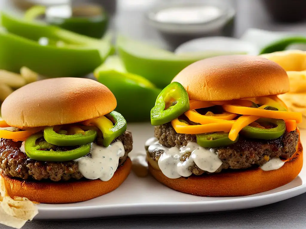 A picture of a delicious Jalapeno Double burger, with two beef patties, a slice of white cheddar cheese, pickled jalapeno peppers, and a special ranch sauce served on a classic McDonald's bun.