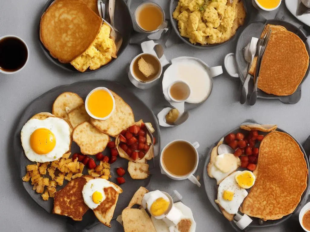 A picture of the jumbo breakfast that includes scrambled eggs, sausage, hash browns, hotcakes, toasted muffins, and a choice of coffee or tea