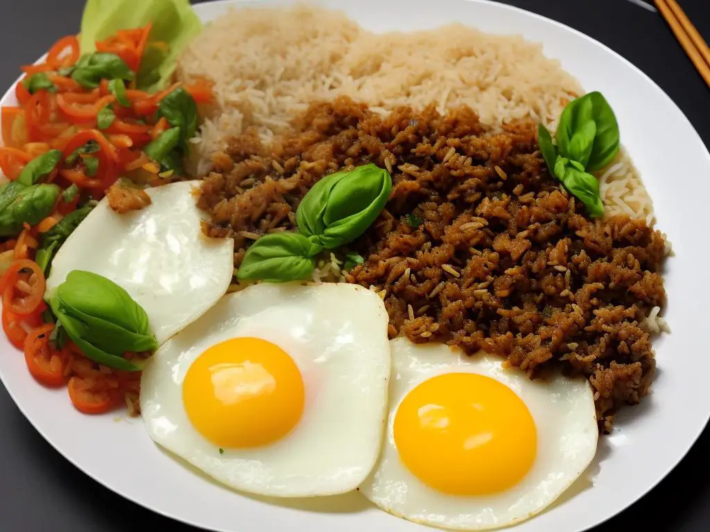A plate of Kaprao Pork Rice with ground pork, basil, and a fried egg on top
