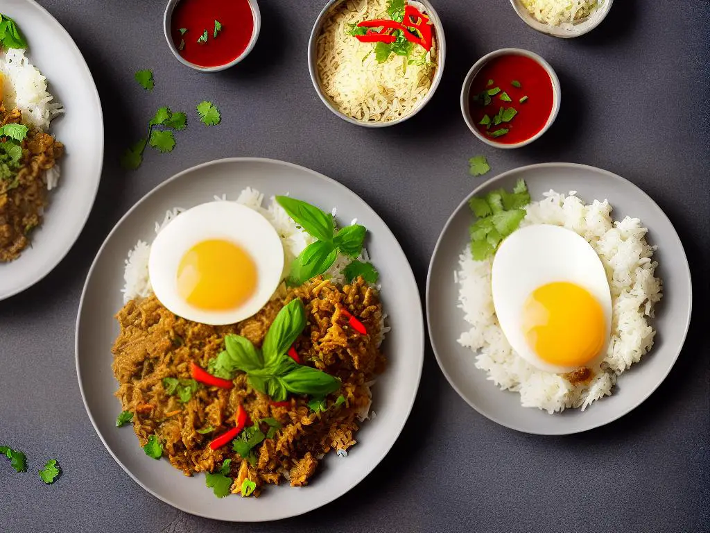 A plate of Kaprao Pork Rice, a popular Thai dish made with stir-fried minced pork, holy basil, garlic, chillies, fish sauce, and served over steamed jasmine rice, with a crispy fried egg on top.