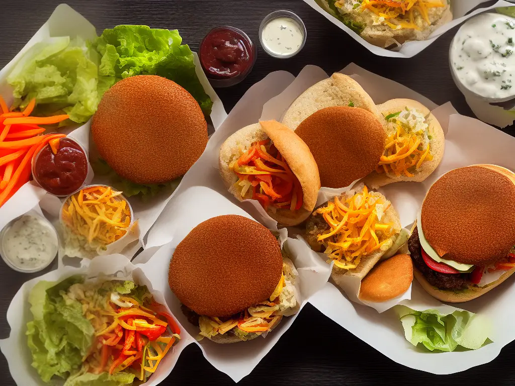 Image of various fast food lamb-based options, including a burger, sub sandwich, and flatbread.