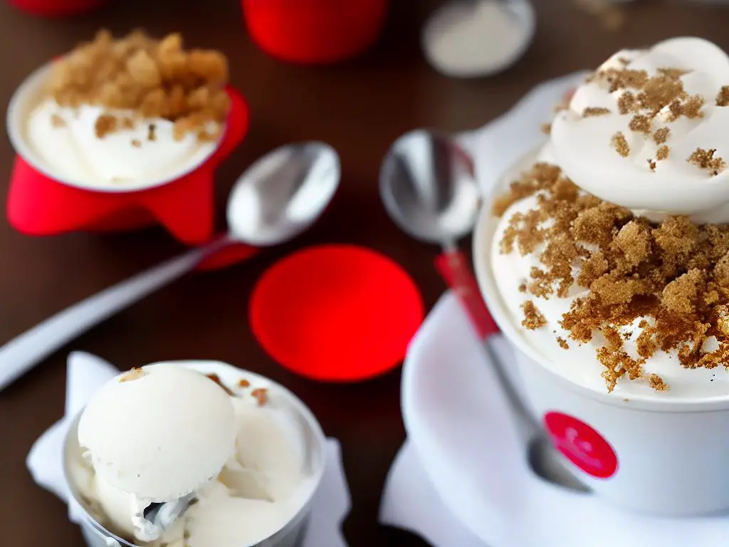 A picture of a Lotus McFlurry, featuring soft-serve ice cream topped with speckles of Lotus Biscoff biscuit crumbs, served in a signature McFlurry cup with a red spoon.