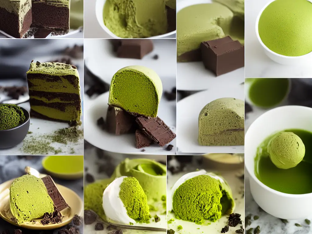 A photo collage of different matcha and green tea desserts from around the world, including a matcha ice cream cone, a matcha sundae, a green tea KitKat, and a matcha chocolate bar.