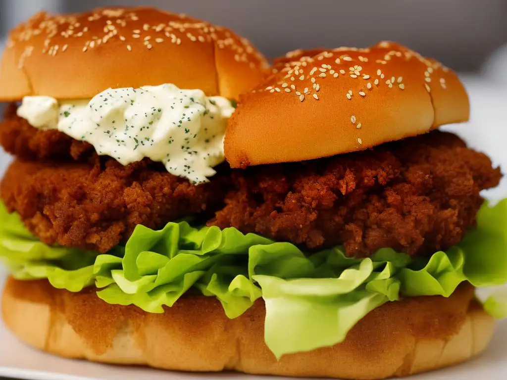 A photo of the McDonald's Big Chicken Cutlet, a large deep-fried piece of breaded chicken in a burger bun with lettuce, mayonnaise, and barbecue sauce.