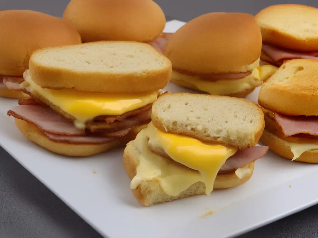 A photo of the McDonald's Breakfast Sandwich with Cheese and Ham, showing the bread roll, ham, and cheese in the sandwich.