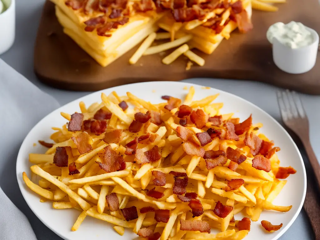 A plate of fries topped with melted cheese and bacon crumbles, the McFritas Cheddar Bacon Brazil.