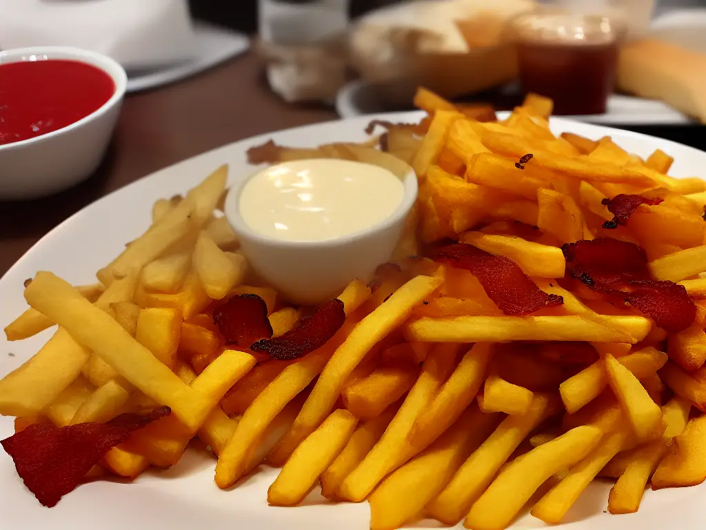 Picture of McFritas Cheddar Bacon, a popular menu item at McDonald's in Brazil, showing French fries topped with cheddar cheese and bacon.