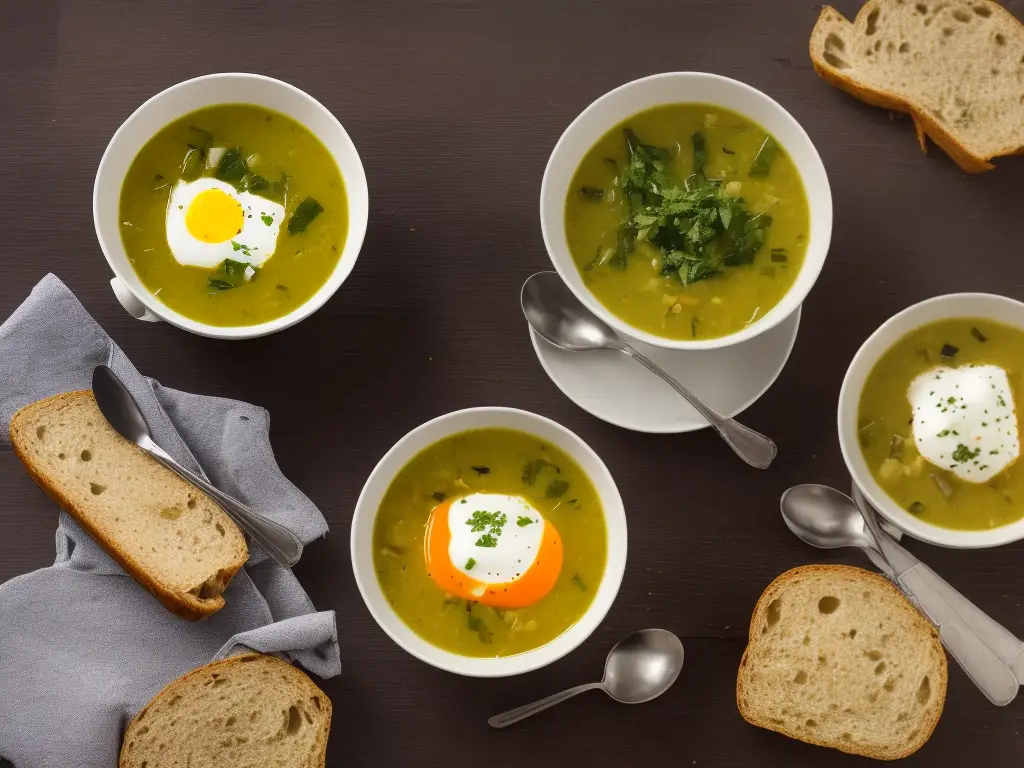 An image of a steaming bowl of traditional Brazilian Caldo Verde soup next to a cup of coffee and some bread.