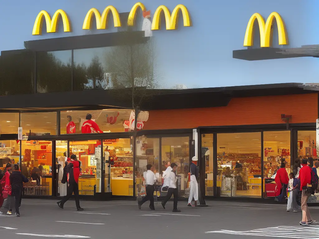 A McDonald's store with a large colorful banner displaying the Chicken McJunior product, with people walking in and out of the store.