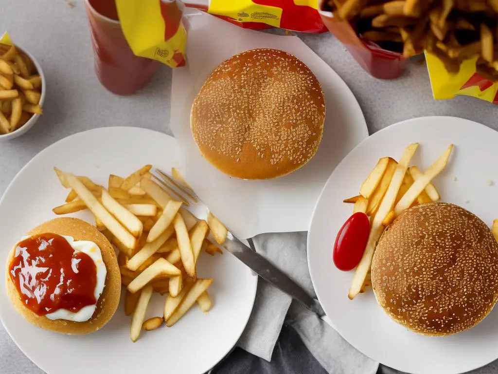 A photo of a McDonald's Chicken & Egg Burger on a white plate with a side of fries and ketchup packets in the background.