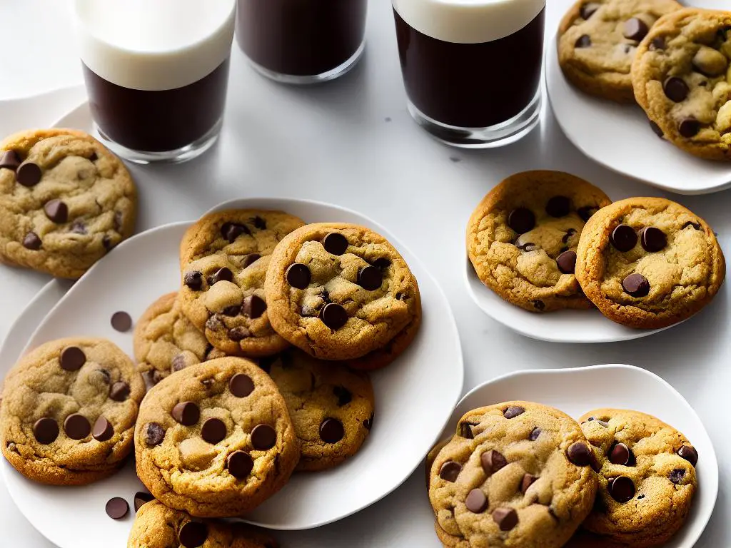 A picture of three McDonaldland Cookies, one Classic and two chocolate chip, on a white plate with a glass of milk in the background. The cookies look delicious and crunchy with visible chocolate chips on them.