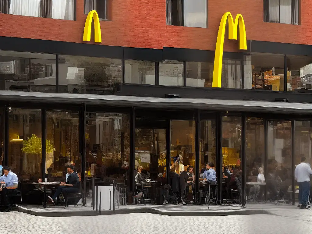 An image of McDonald's restaurant in Argentina with the iconic golden arches outside and people inside enjoying their meals.