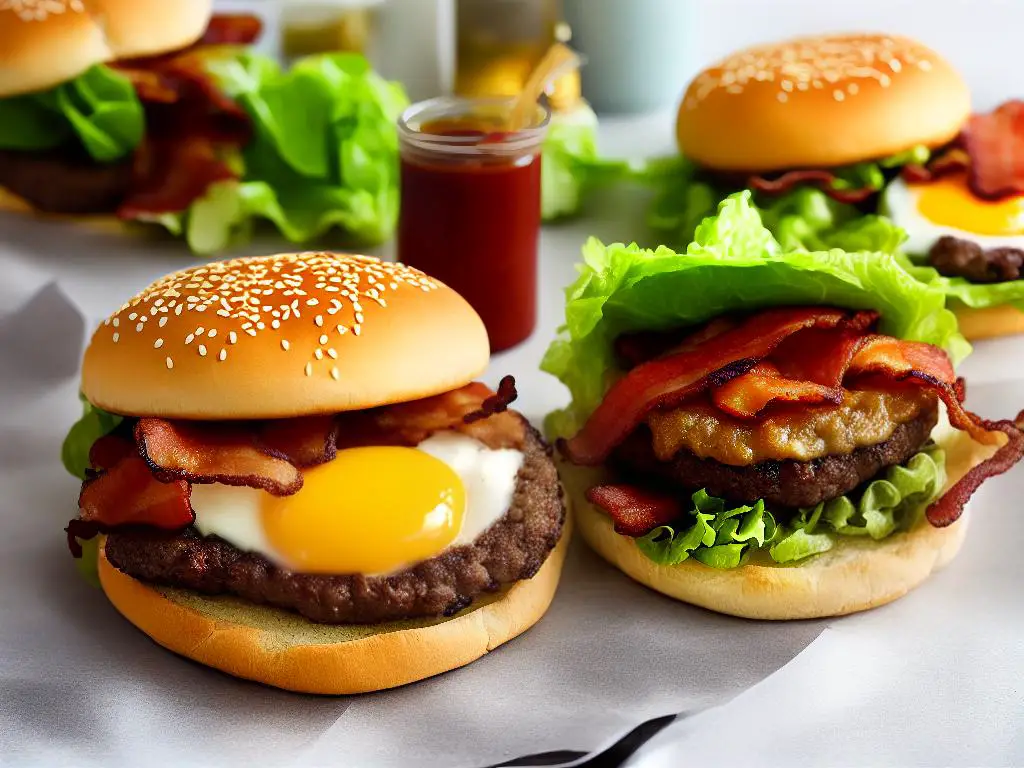 A picture of a McDonald's Big Brekkie Burger with a beef patty, bacon, an egg, cheese, barbecue sauce, lettuce and sesame seed bun.
