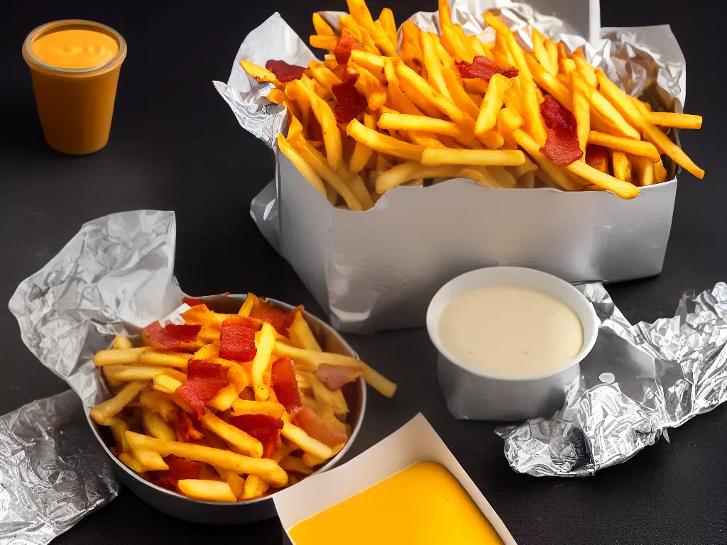A picture of a box of McFritas Cheddar Bacon (Bacon Cheddar Fries) from McDonald's Brazil sitting on a table with ketchup packets and a straw wrapper. The dish consists of classic french fries topped with cheddar cheese sauce and bacon bits.