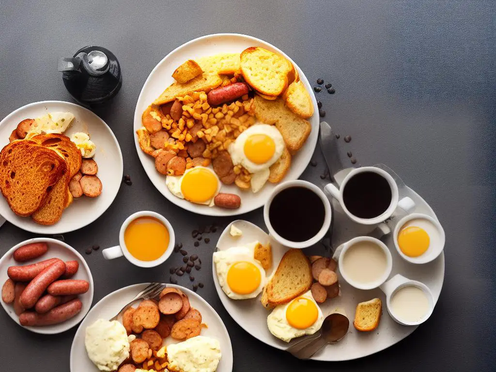 An image of a McDonald's breakfast with scrambled eggs, sausages, toast, and coffee