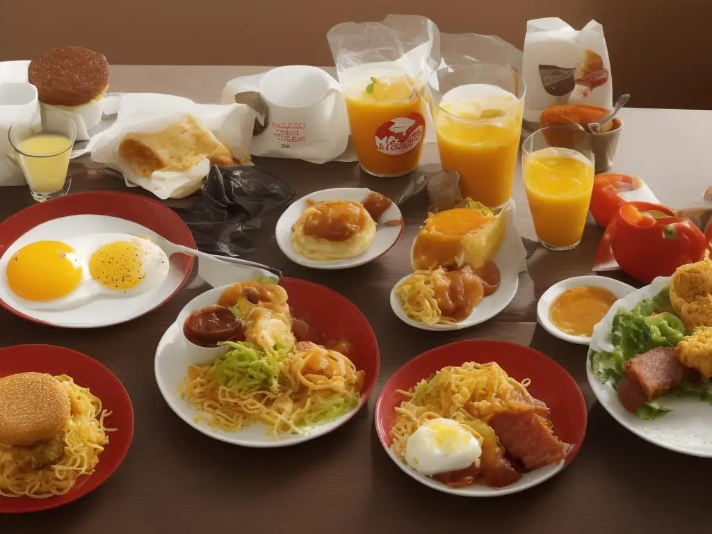 Several international McDonald's breakfast items are shown, including the Honduran McMuffin with Ham, the Malaysian Nasi Lemak, the Japanese McKatsudon, and the Hong Kong Sausage and Egg Twisty Pasta.