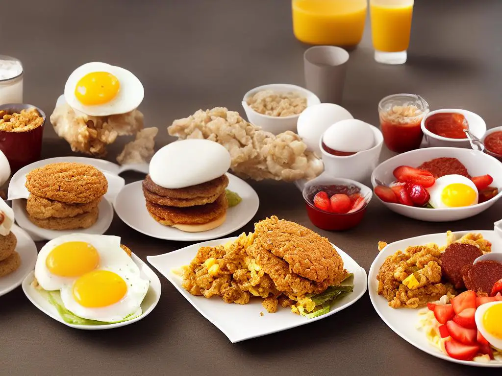 A picture of McDonald's breakfast menu showing different options such as the Boerie & Egg Bun, SA Breakfast, Sausage McMuffin with Egg, Fruit 'N Yogurt Parfait, and Flapjack Stack.