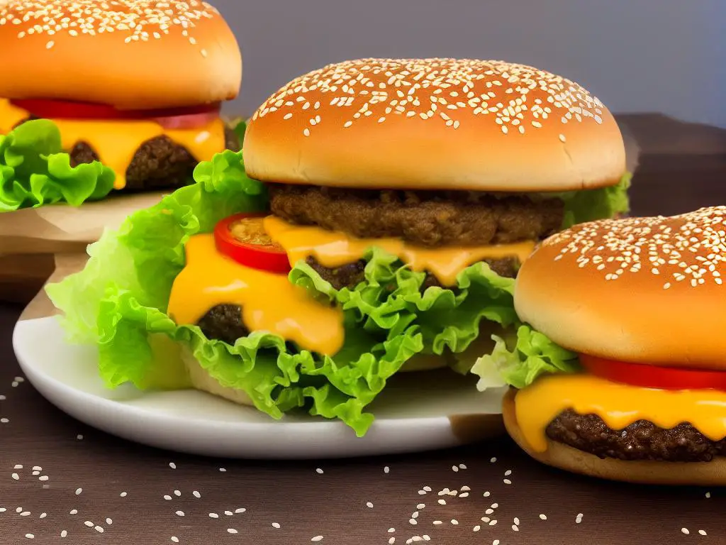 A delicious looking cheeseburger with two beef patties, lettuce and a sesame seed bun.