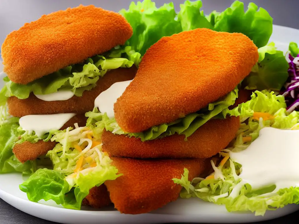 A sandwich with breaded chicken fillet, lettuce, cheese, and sauce with a side salad instead of fries.