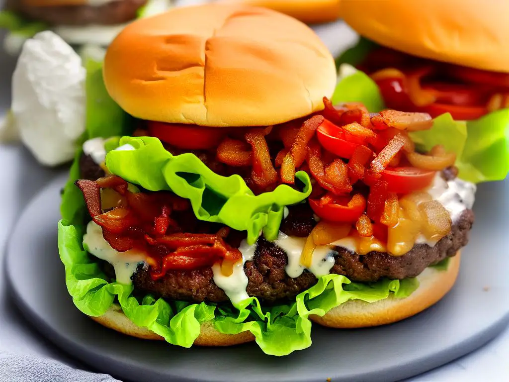 A close-up image of a McDonald's Chile McParty Burger with two beef patties, bacon, lettuce, tomato, cheese, caramelized onions, pickles, special sauce, on a sesame bun.