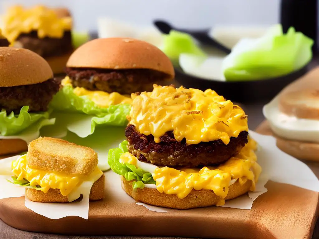 A delicious-looking McDonald's China Cheese Scrambled Egg Burger with fluffy scrambled eggs, melted cheddar cheese, mayonnaise, and crispy lettuce on a soft, toasted bun.