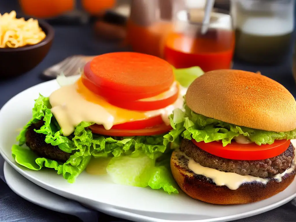 A juicy burger photo with melted cheese, lettuce, tomato, and sauce with a golden bun