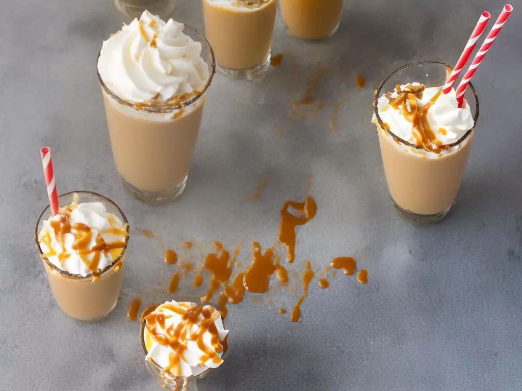A delicious-looking milkshake topped with whipped cream and caramel drizzle, served in a clear cup with a straw.