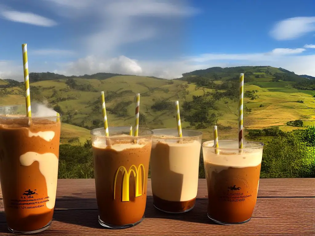 A picture of the McDonald's Colombia Arequipe Milkshake, with two milkshake cups with straws and lids, filled with a milky brown liquid topped with whipped cream and caramel sauce, set against a background of Colombian countryside with lush green hills and cows grazing.