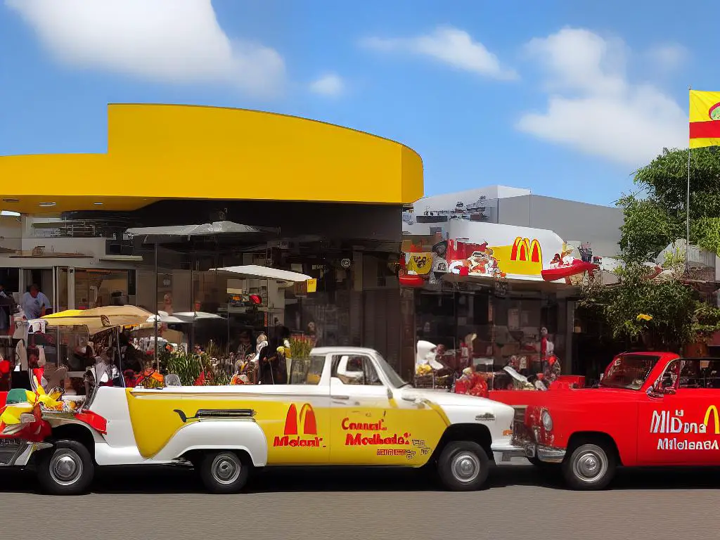 A McDonald's restaurant in Colombia with both the McDonald's logo and the Colombian flag displayed prominently.