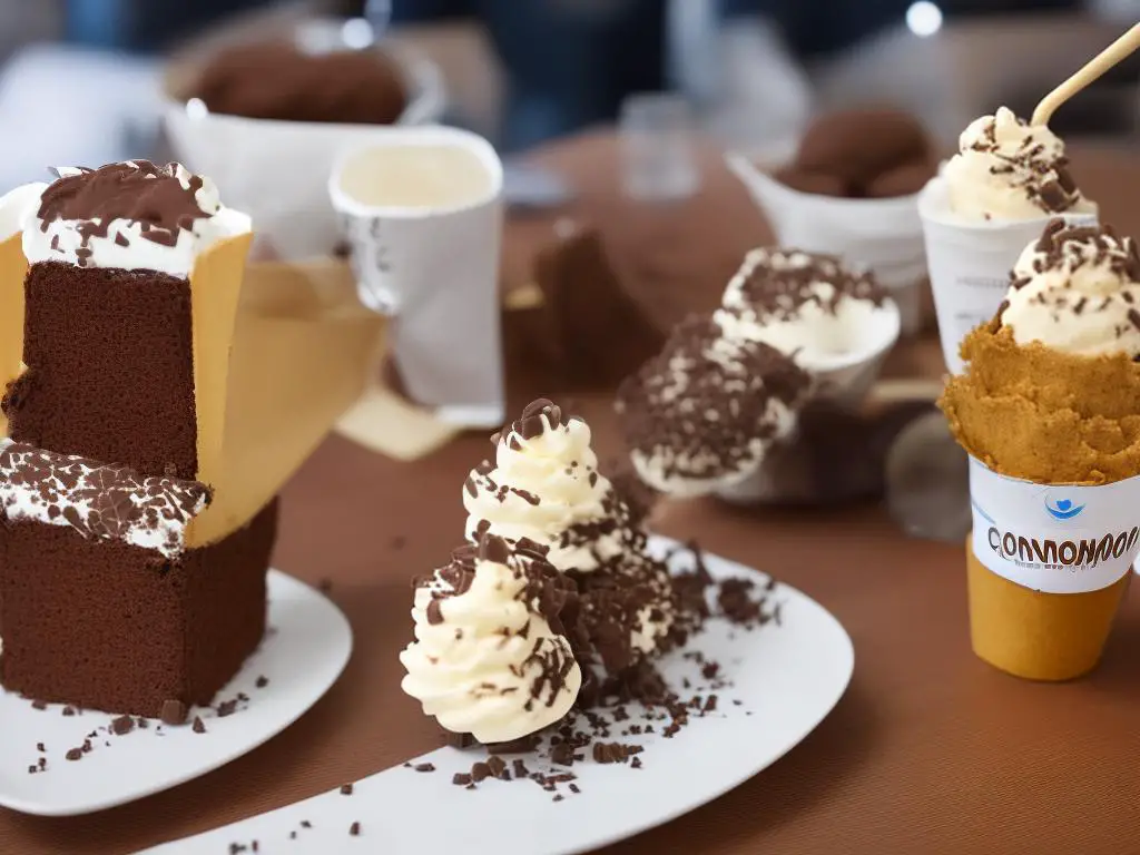 A photo of the Cono Chocoramo from McDonald's Colombia, featuring a soft serve ice cream cone topped with a chocolate-coated cake square.