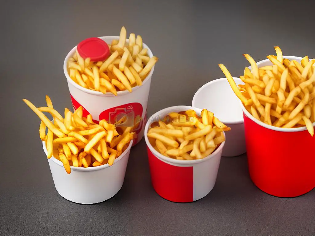 A photo of a McDonald's Corn Cup with corn kernels and cheese on top served in a red container, surrounded by French fries and a soft drink cup.