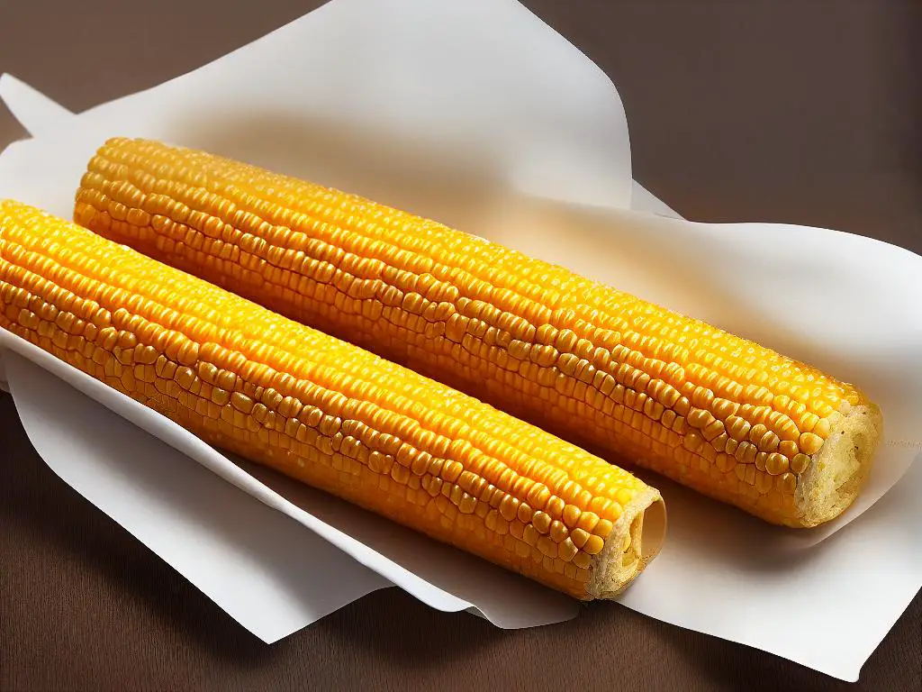 A picture of long, cylindrical corn sticks in a custom-designed paper holder from McDonald's Israel, with a crispy golden exterior and a soft and tender interior, ready to be enjoyed on-the-go.