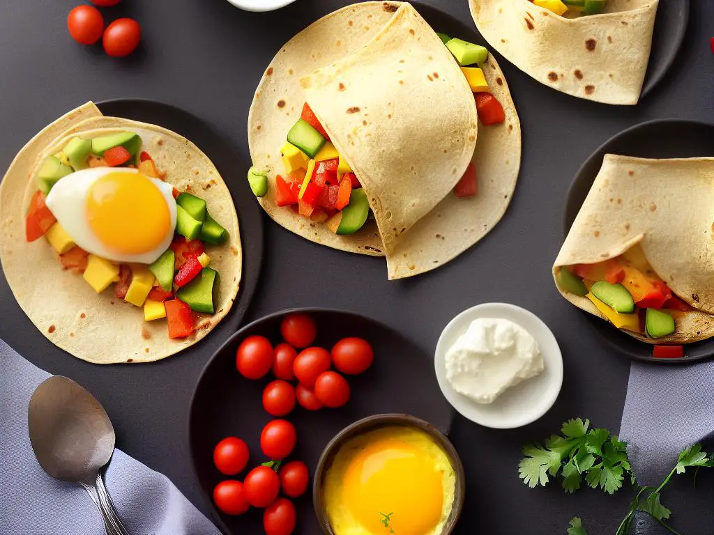 A breakfast sandwich with eggs, cheese and vegetables in a flour tortilla wrap.