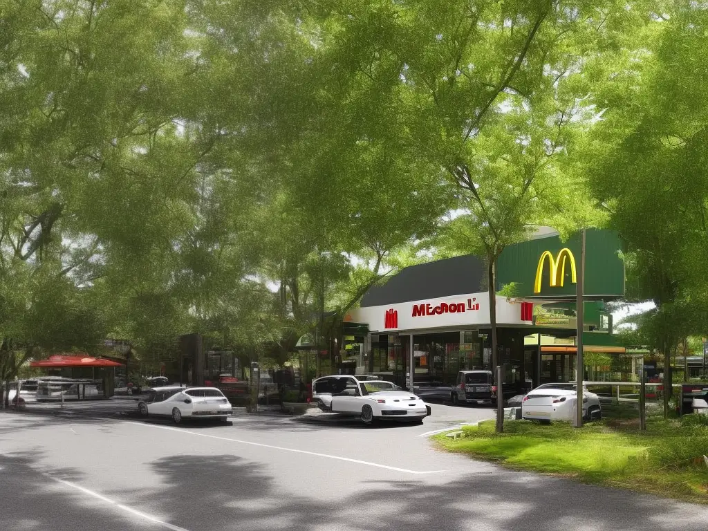 An image of a McDonald's restaurant with several cars in the drive-thru lane, surrounded by trees and greenery.
