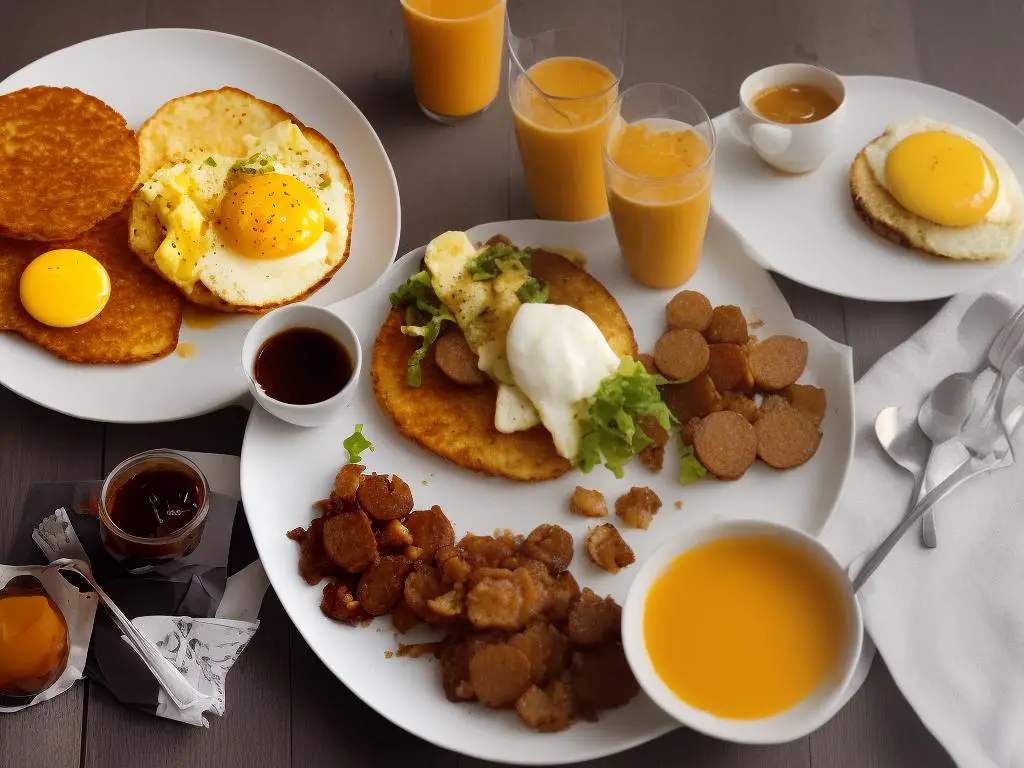 A McDonald's Full Breakfast with scrambled eggs, arepas, sausage, and hash browns on a tray with a coffee and orange juice.