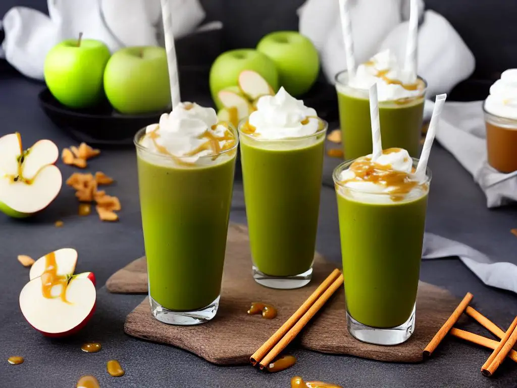 A green apple shake with whipped cream and caramel sauce, topped with a piece of apple and served in a McDonald's cup.
