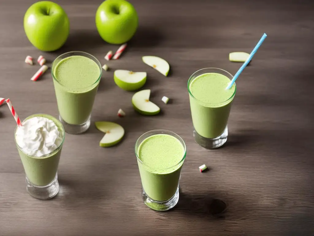 A green apple shake with whipped cream and hard candy topping sitting on a wooden table with a blurred background