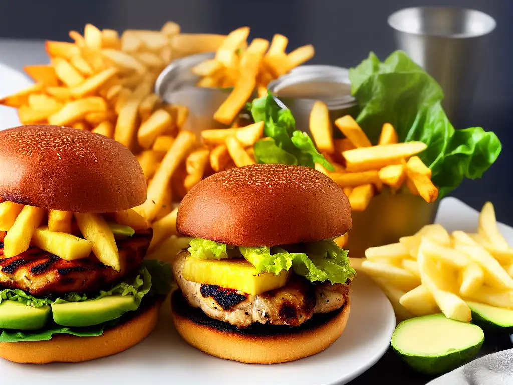 A grilled chicken burger with lettuce, pineapple ring, and avocado, served with fries and a drink from McDonald's New Zealand.