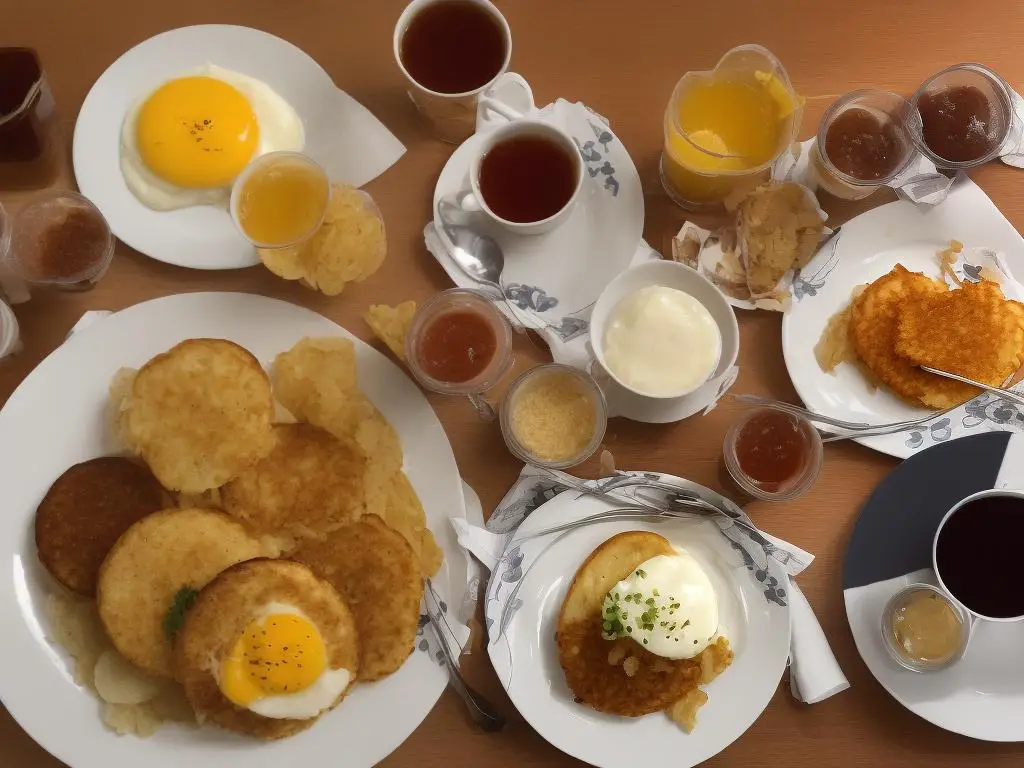 A picture of the McDonald's Hong Kong Jumbo Breakfast with scrambled eggs, sausage patty, painted English muffins, hash browns, hotcakes, and a cup of tea or coffee.