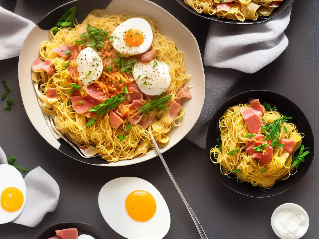 A photo of the McDonald's Hong Kong Ham N' Egg Twisty Pasta dish with al dente twisty pasta, flavored ham slices, a poached egg, chicken broth, and vegetables