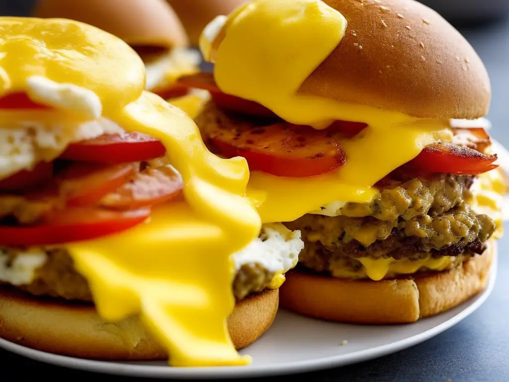 A delicious Scrambled Egg Burger with fluffy eggs, a slice of cheese, and a choice of sausage patty or ham, all nestled between a pair of lightly toasted burger buns.