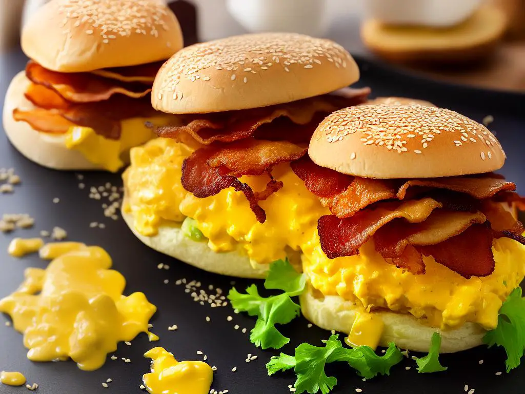 A delicious looking McDonald's Hong Kong Scrambled Egg Burger with fluffy scrambled eggs, melted cheese, crispy bacon, and savoury sesame seasoning served on a toasted bun.