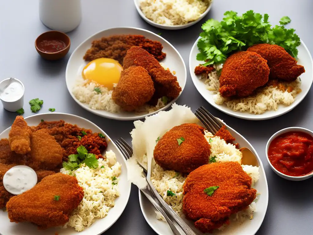 Two plates of McDonald's fried chicken and rice meals with sambal and white rice in Indonesia.